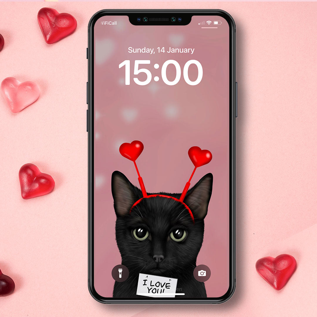 Black Cat "I Love You" Phone Wallpaper