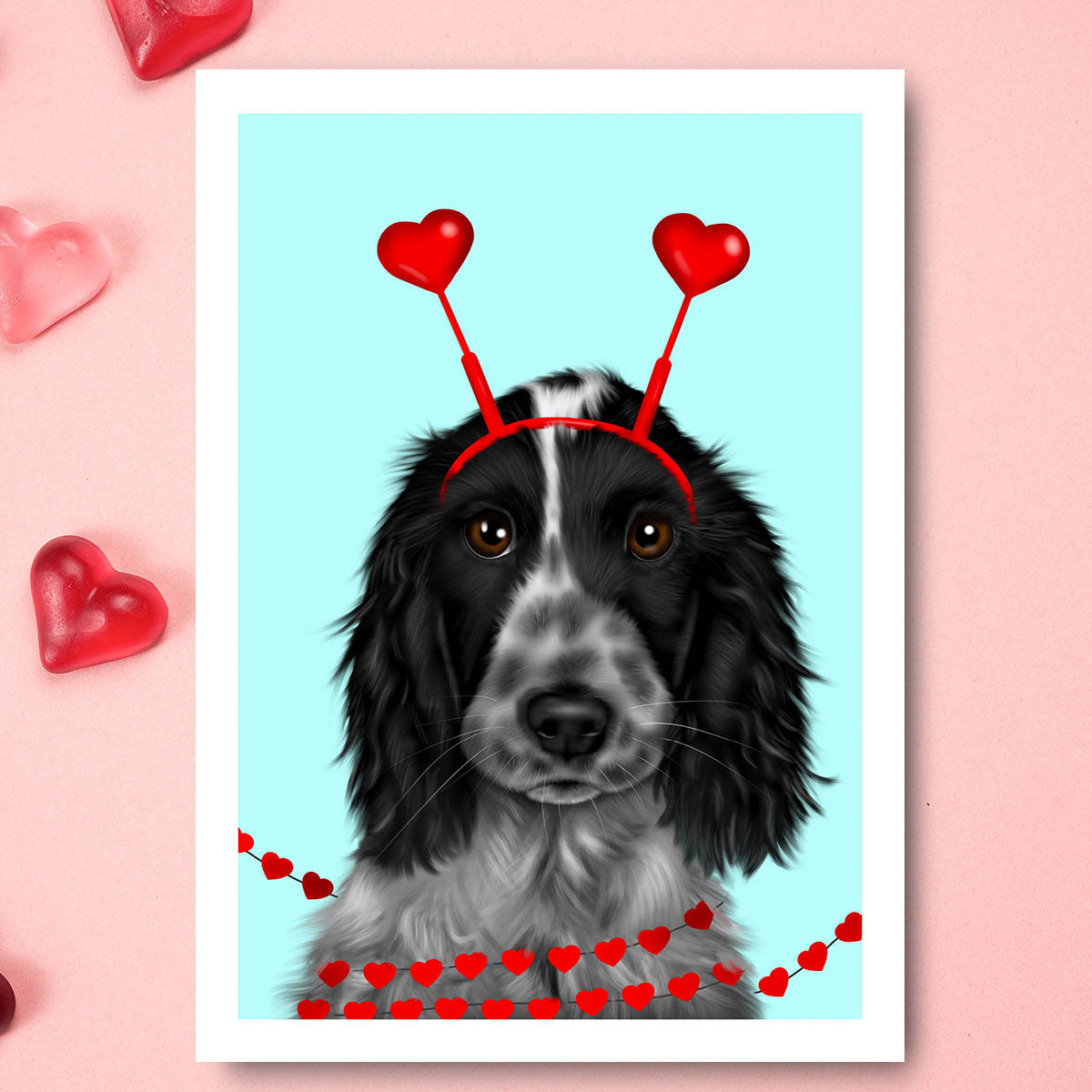 Blue Roan Cocker Spaniel and Hearts Card