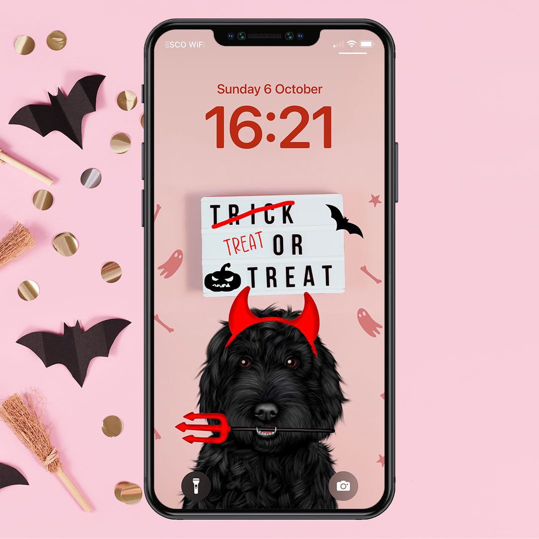 Black Cockapoo Treat or Treat Phone Wallpaper