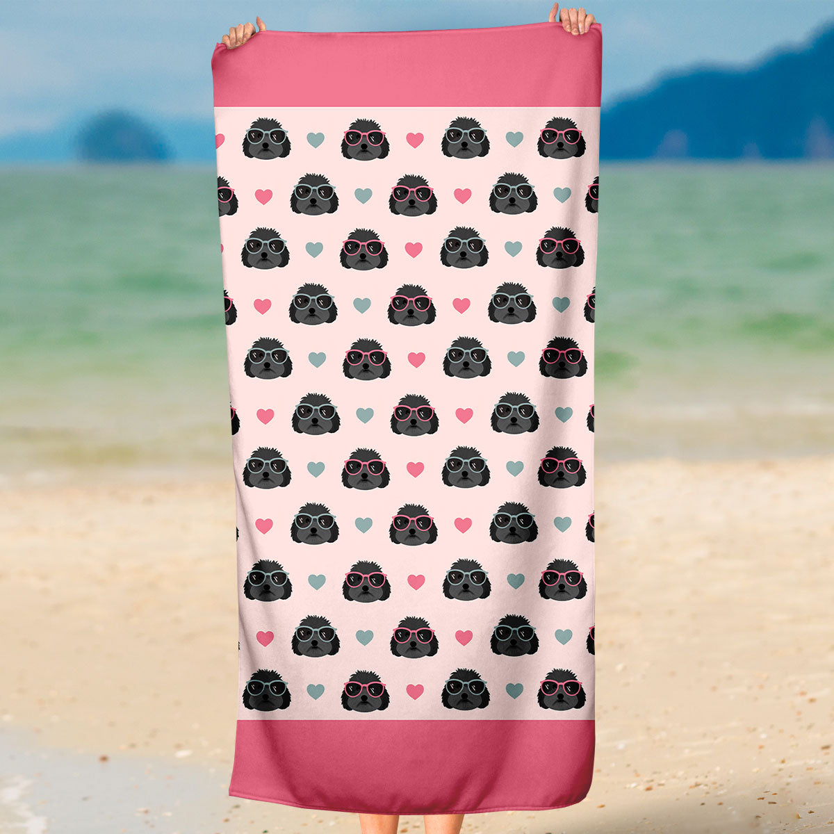 Beach Towel featuring Black Cockapoos wearing sun glasses pattern with pink background