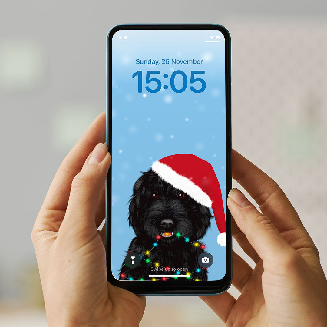 Black Cockapoo in Santa Hat Phone Wallpaper