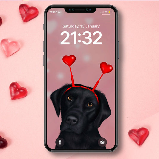 Black Labrador and Hearts Phone Wallpaper