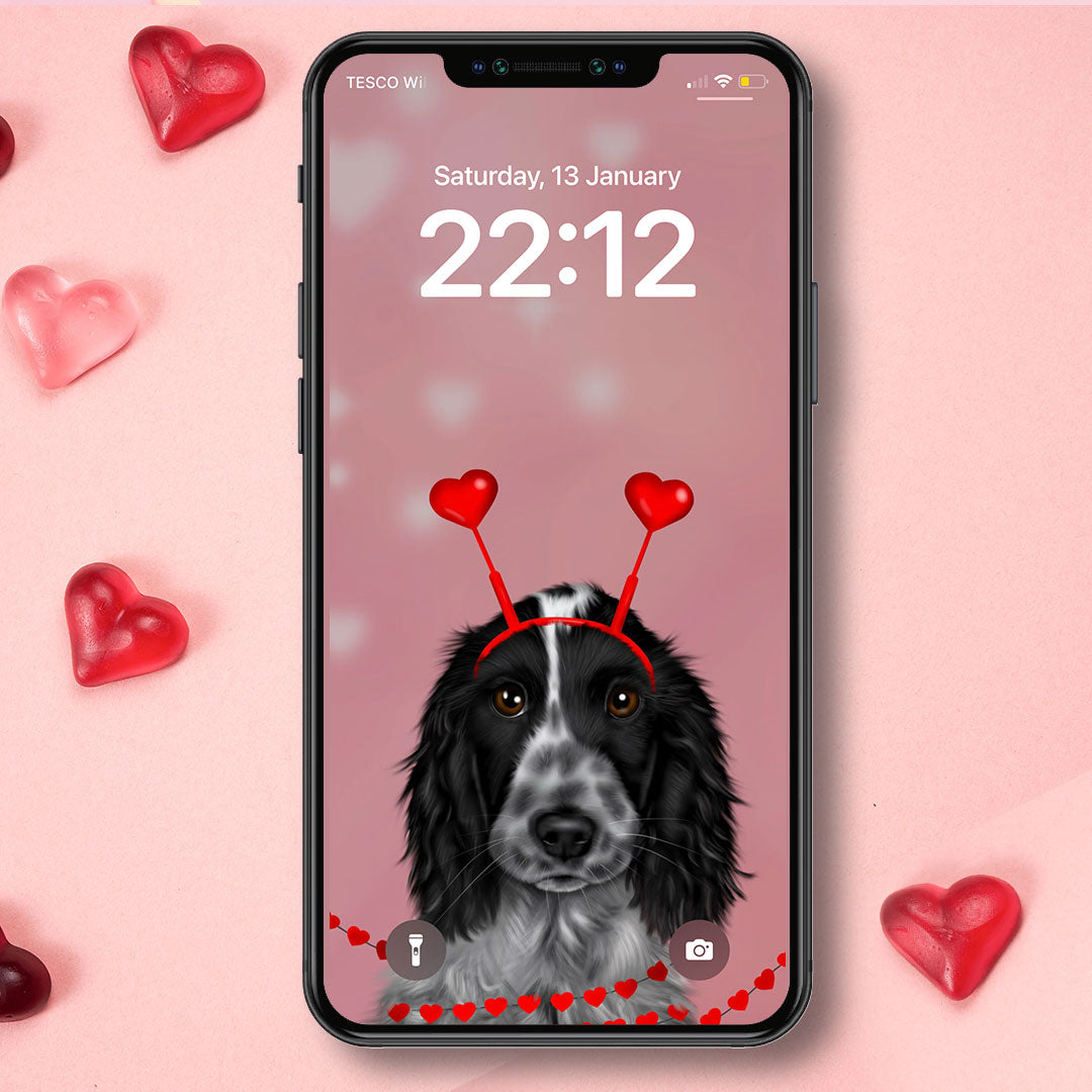 Blue Roan Cocker Spaniel and Hearts Phone Wallpaper