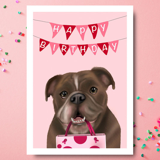 Chocolate and White Bulldog Birthday Card