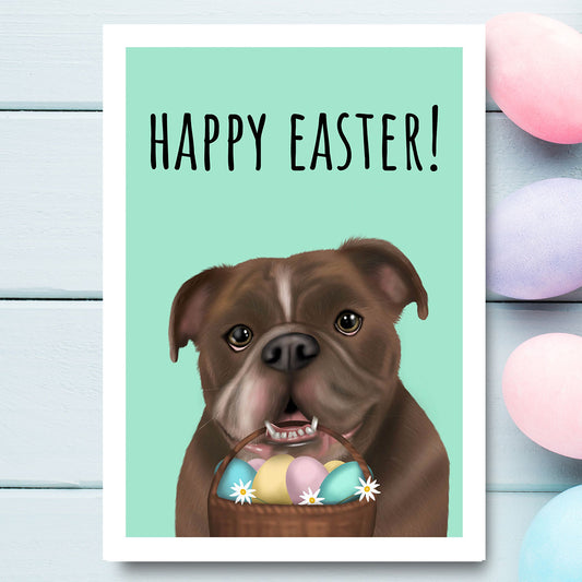 Chocolate and White Bulldog Happy Easter Card