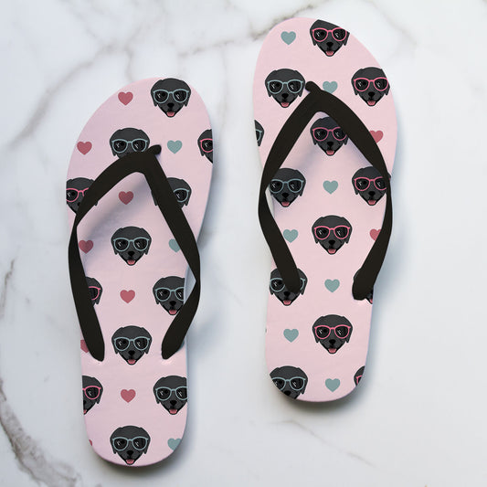 Flip Flops featuring Black Labrador faces wearing sunglasses and hearts pattern with pink background