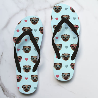 Flip Flops featuring Pugs wearing sunglasses with a hearts pattern and blue background