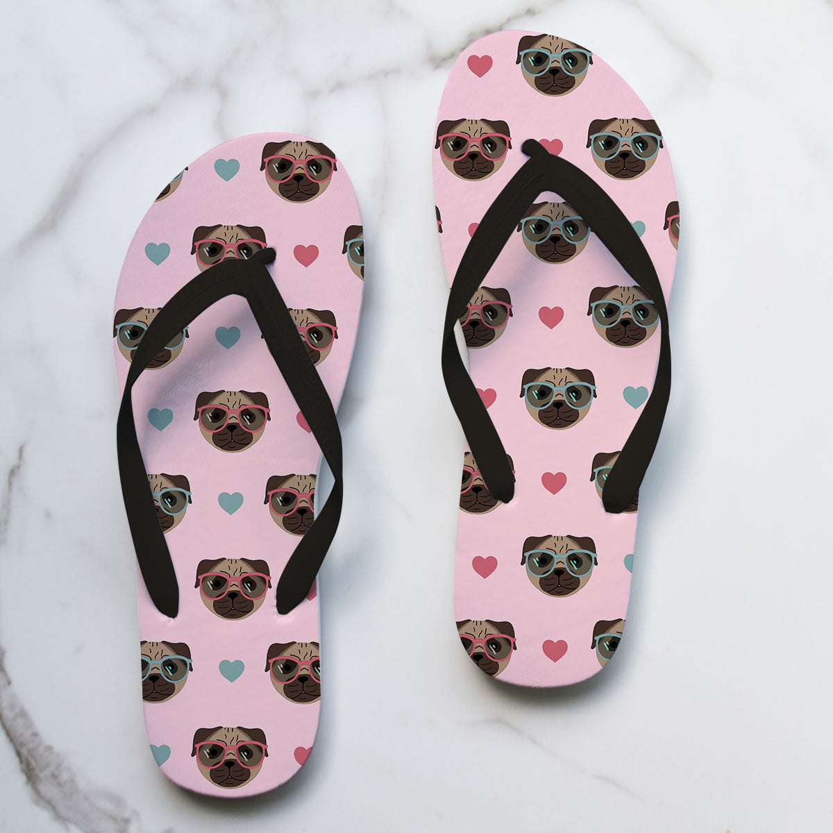 Flip Flops featuring Pugs wearing sunglasses with a hearts pattern and pink background