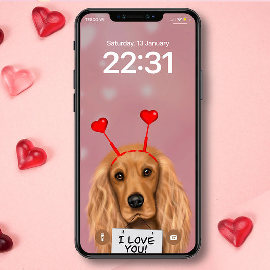 Golden Cocker Spaniel and Hearts Phone Wallpaper