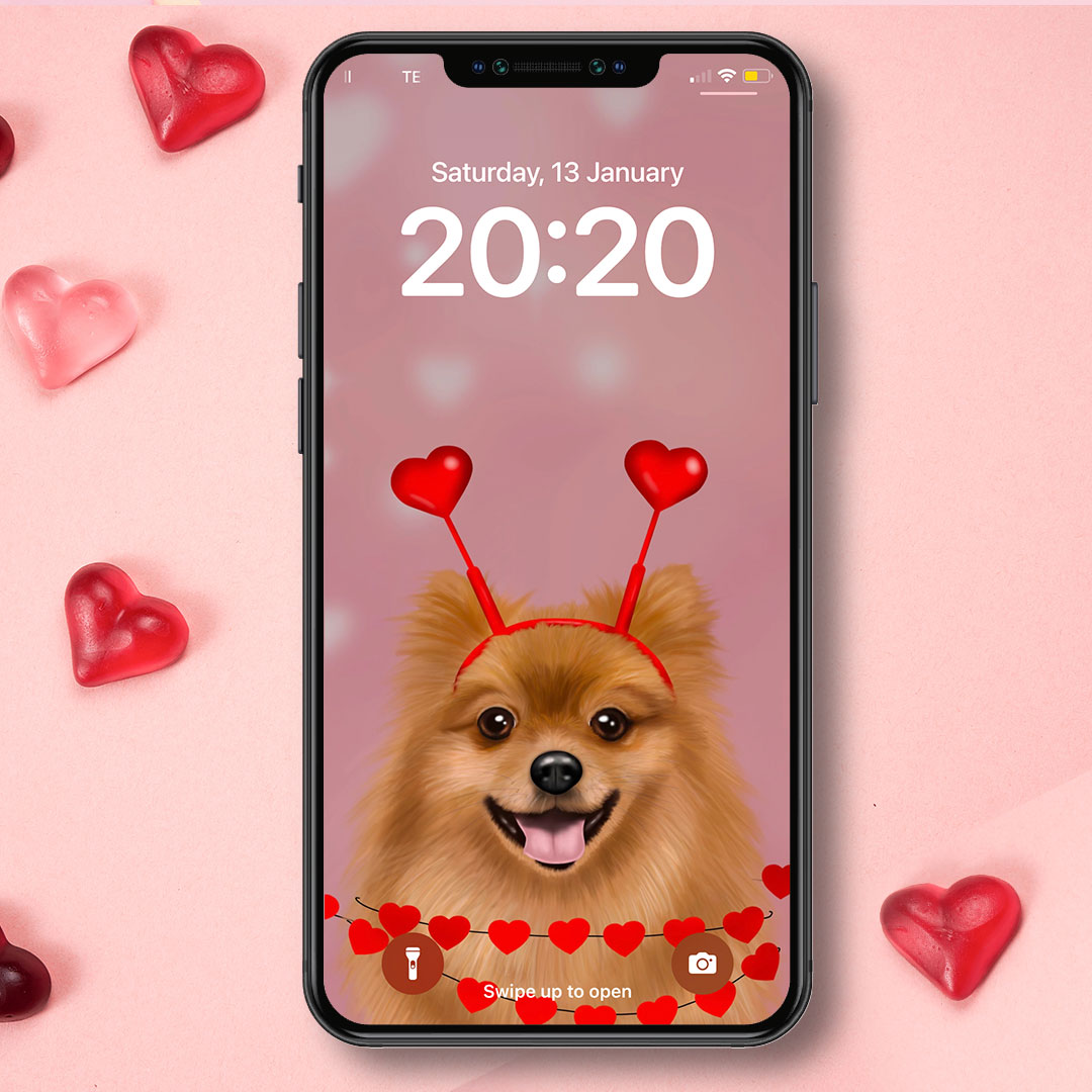 Pomeranian and Hearts Phone Wallpaper