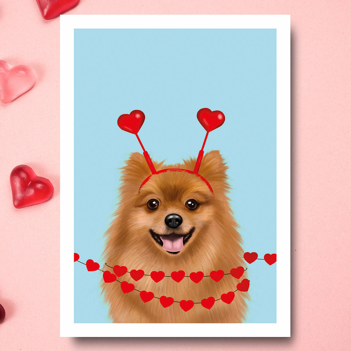 Pomeranian and Hearts Card