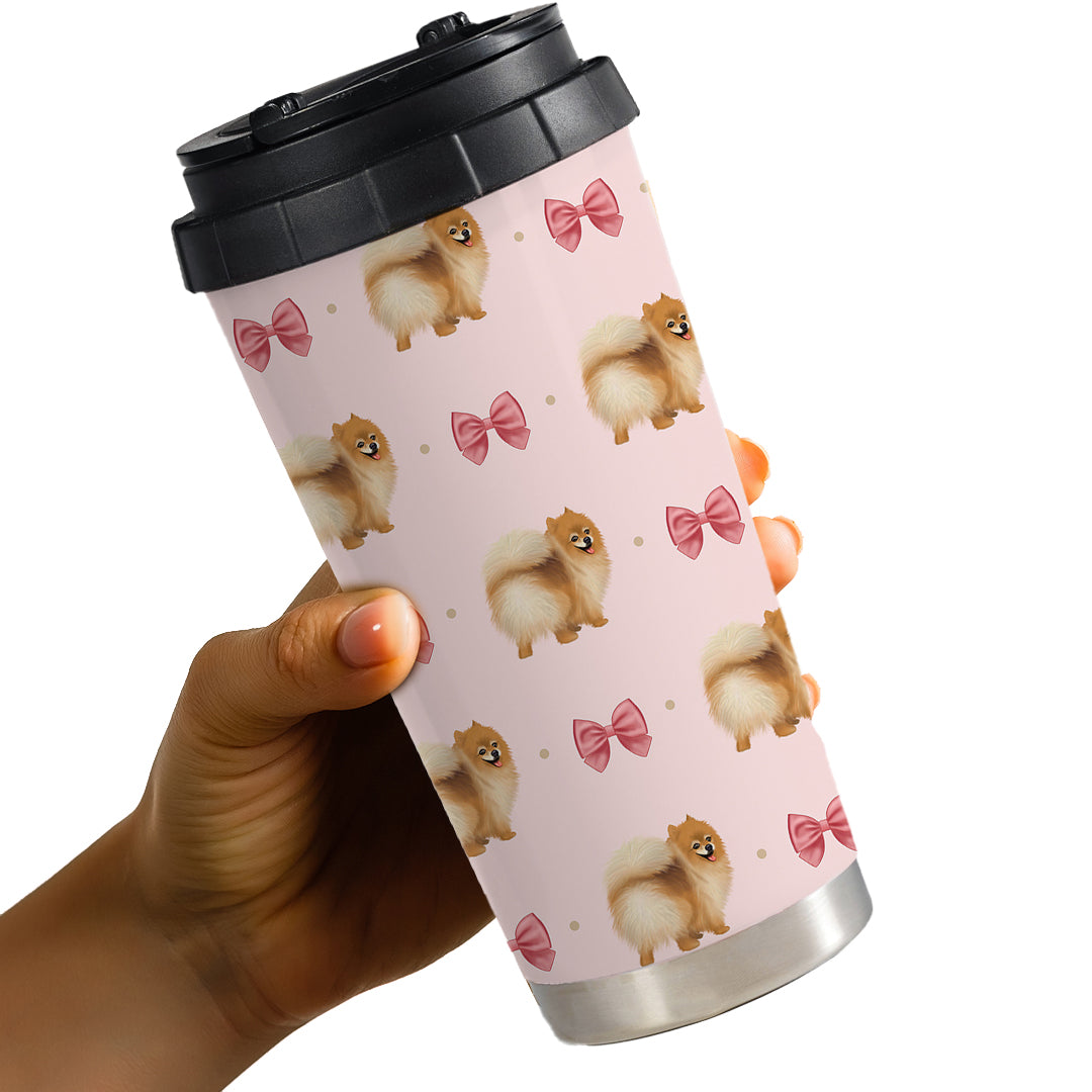 travel mug featuring Pomeranians and bows