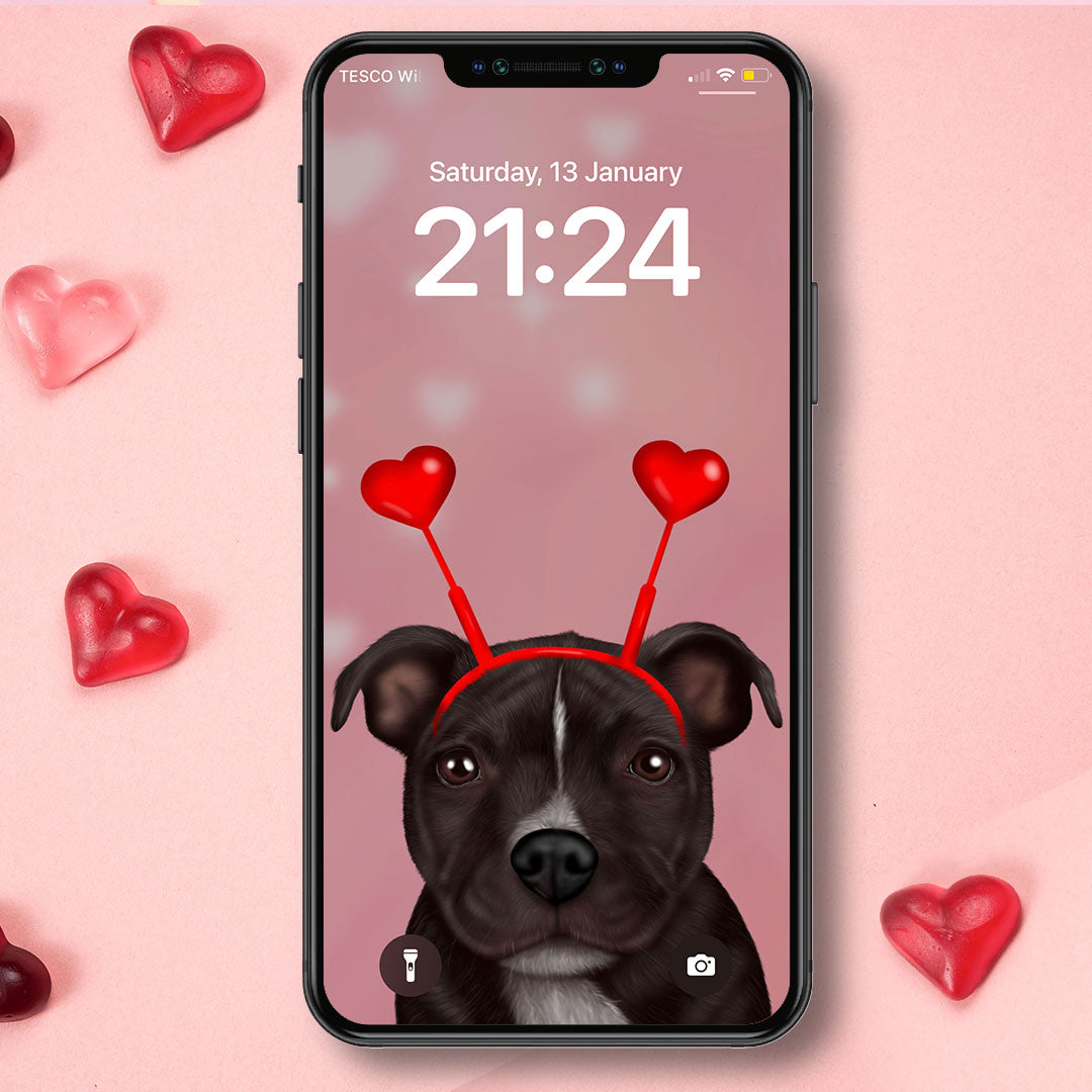 Staffordshire Bull Terrier and Hearts Phone Wallpaper