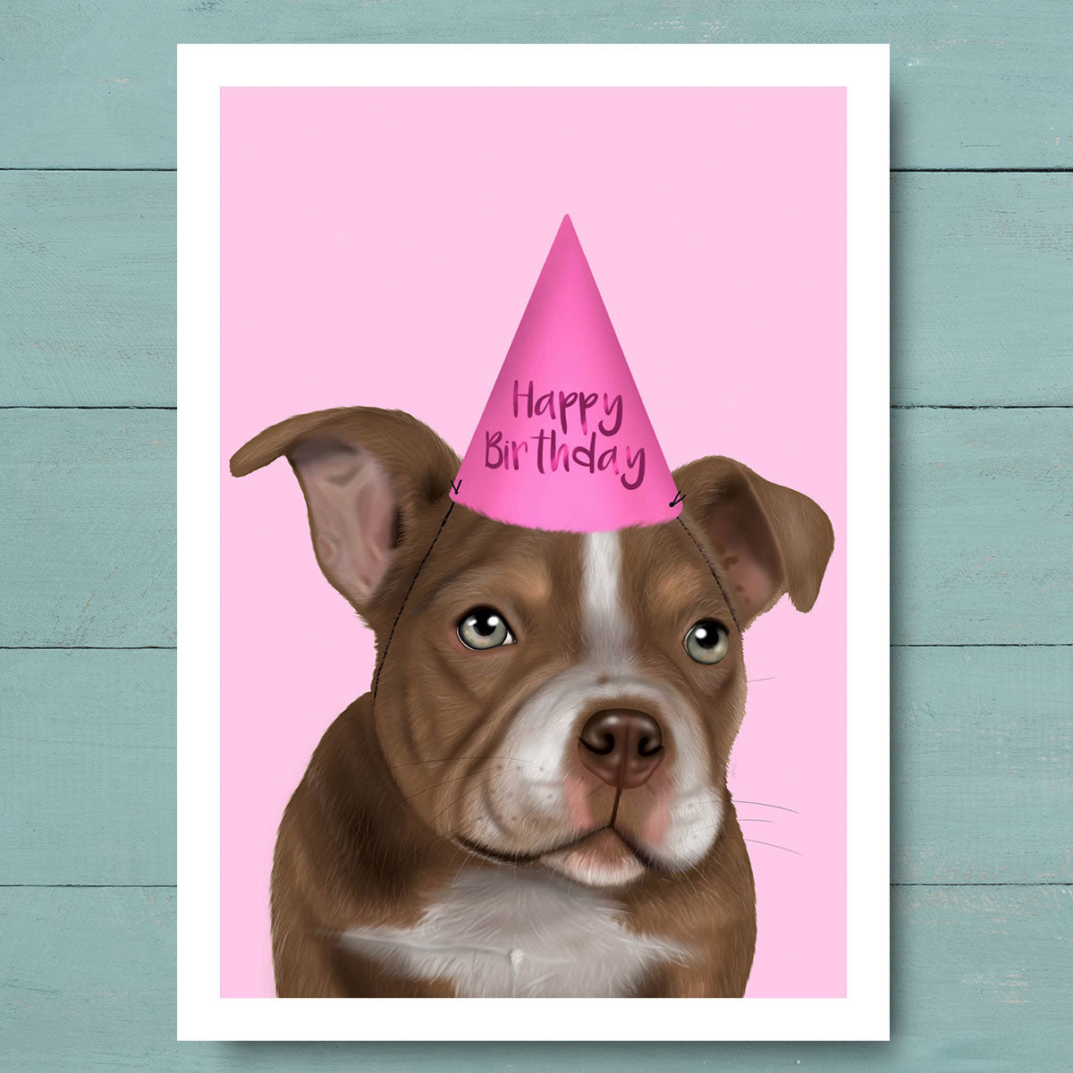 Birthday card featuring Micro Bully in Pink party hat