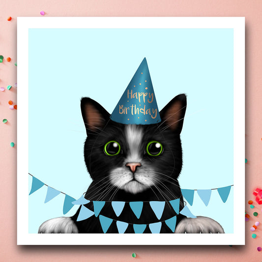 Birthday card with Black and White cat wrapped in bunting with Happy birthday hat.