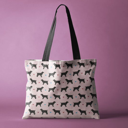 Black Cocker Spaniels and Hearts Pattern Canvas Tote Bag