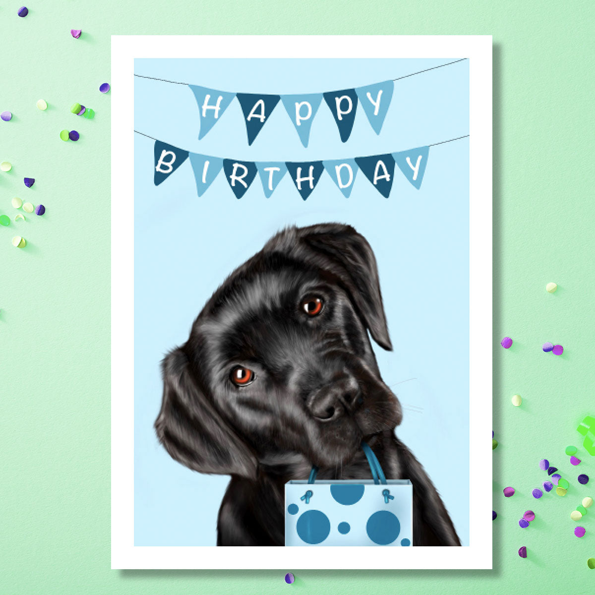 Birthday card with Black Labrador holding gift bag - blue