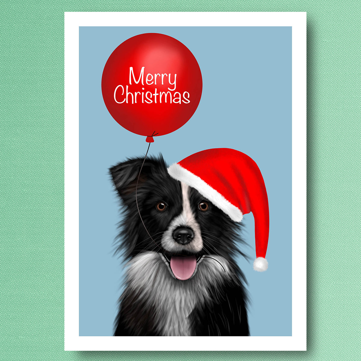 Border Collie with Santa Hat and Merry Christmas balloon Christmas Card by Oundle Artist Kitty's art