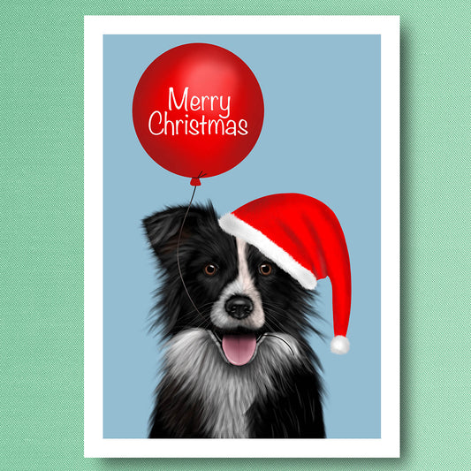 Border Collie with Santa Hat and Merry Christmas balloon Christmas Card by Oundle Artist Kitty's art