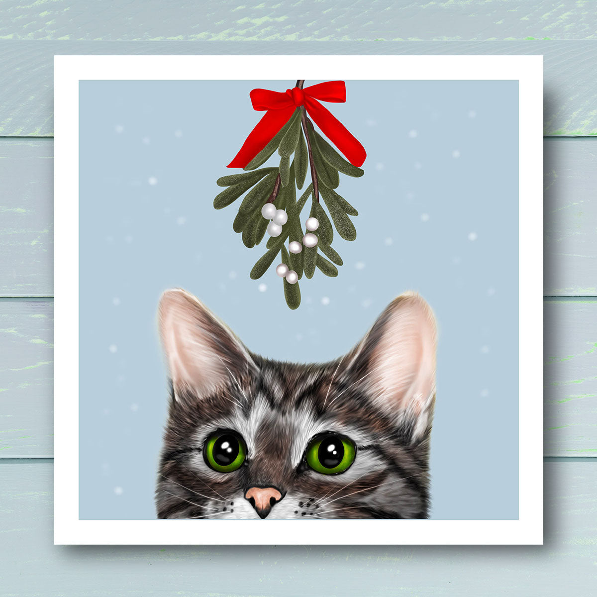 Tabby cat under mistletoe Christmas card by Oundle Artist Kitty's Art