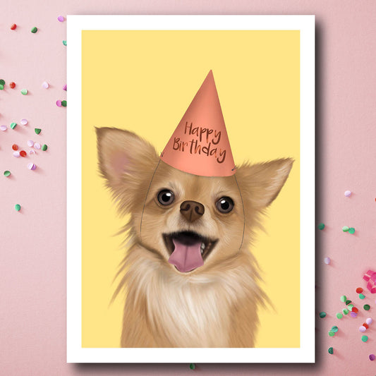 Birthday card with smiling long haired Chihuahua wearing birthday party hat