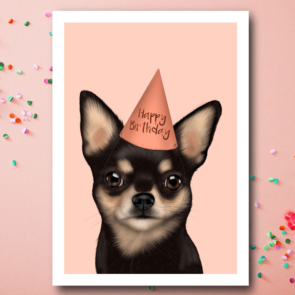 Birthday card featuring Chihuahua wearing a Pink party hat