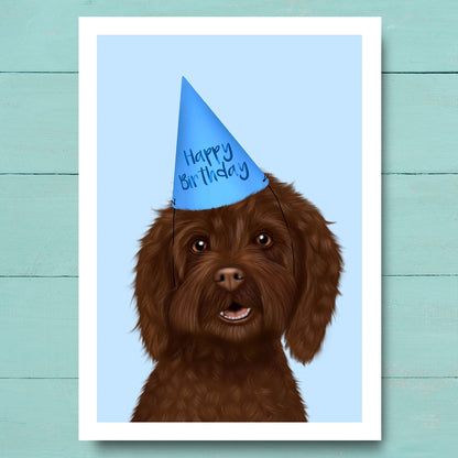 Birthday card with Cockapoo in blue party hat