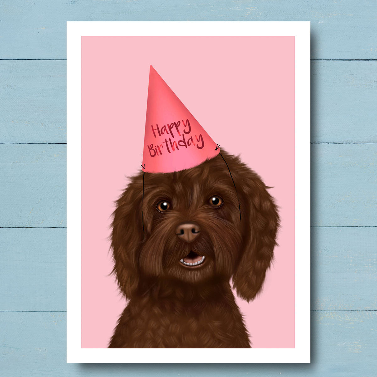 Birthday card with Cockapoo in Pink party hat