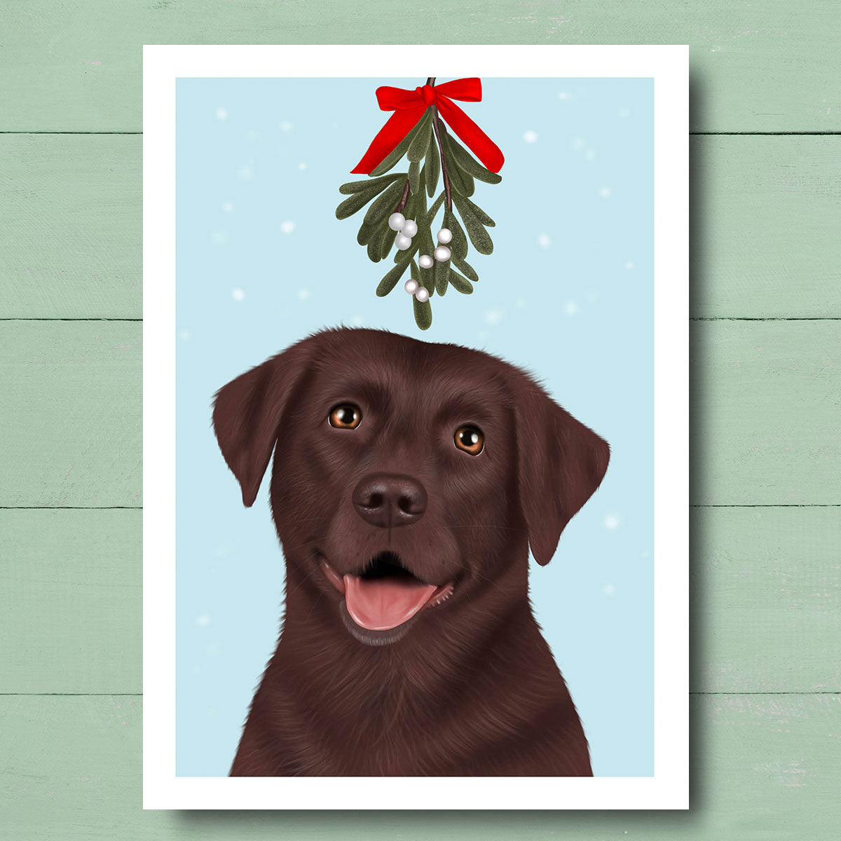 Chocolate Labrador under Mistletoe