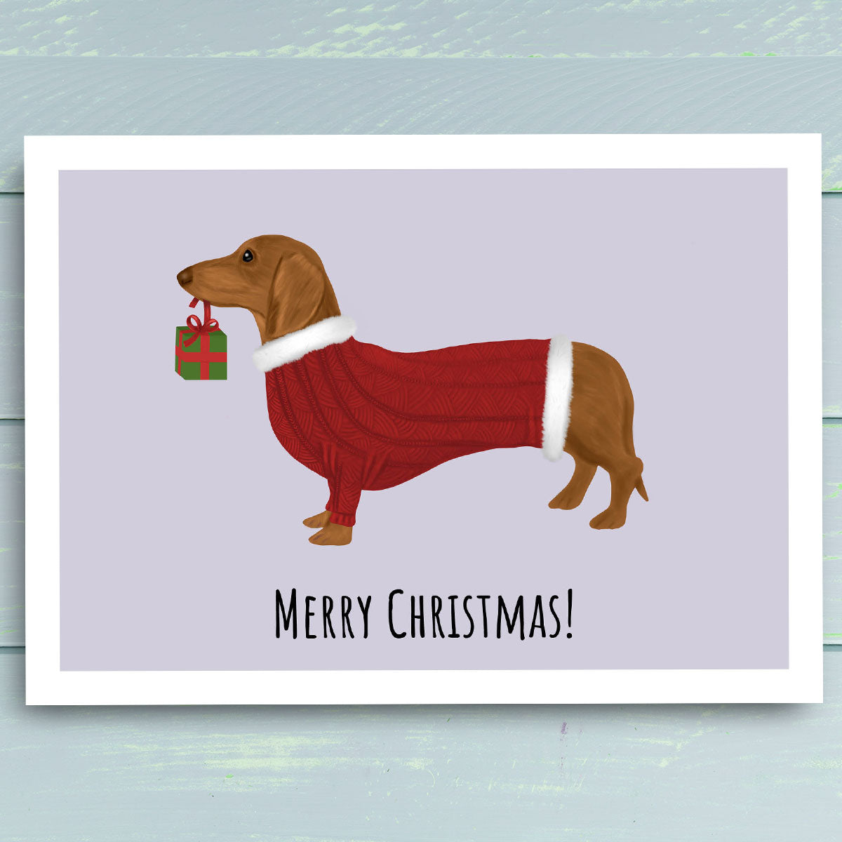 Dachshund Hound in Red Jumper holding gift Christmas card by Oundle Artist Kitty's Art