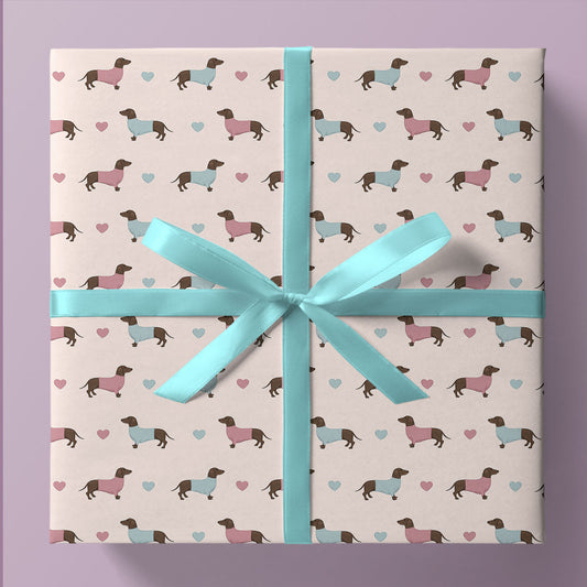 Dachshunds and Hearts patterned wrapping paper.