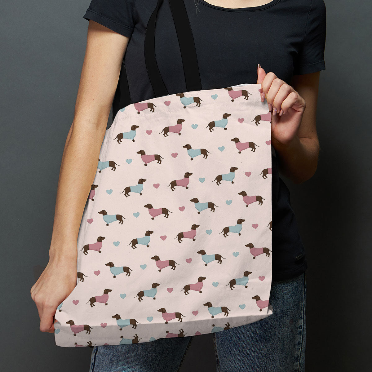 Dachshund and Hearts Canvas Tote Bag