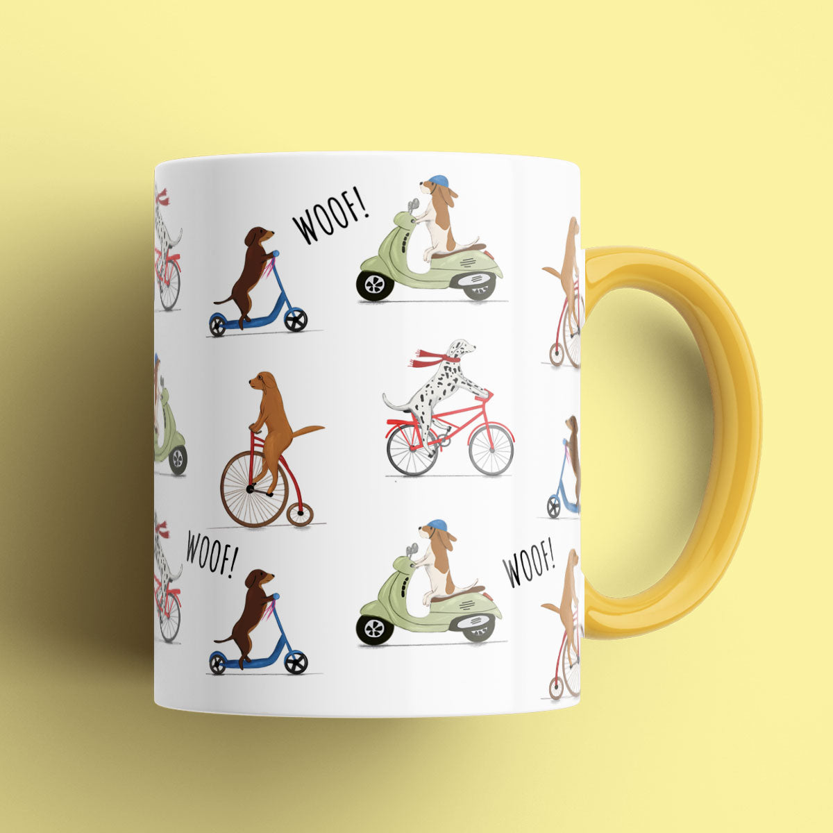 Dogs on bikes patterned mug by Kitty's Art