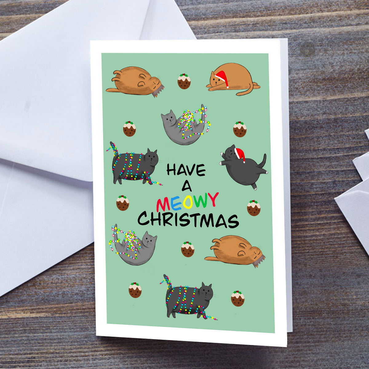 Fat Cats and Christmas Puddings Christmas Card. Illustration by Kitty's Art.