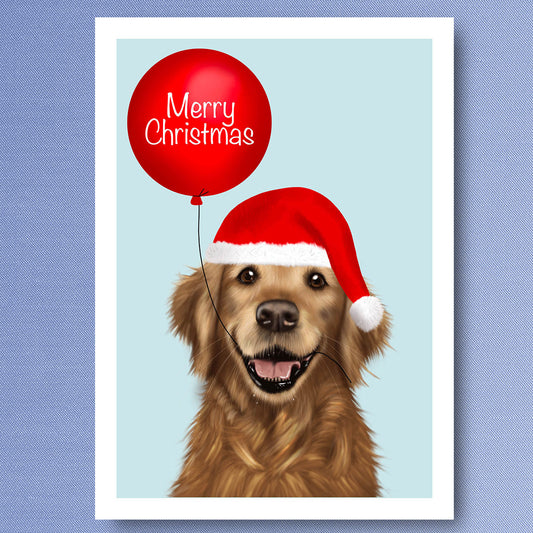 Golden retriever in Santa hat holding merry Christmas balloon. Christmas card illustrated by Kitty's Art.