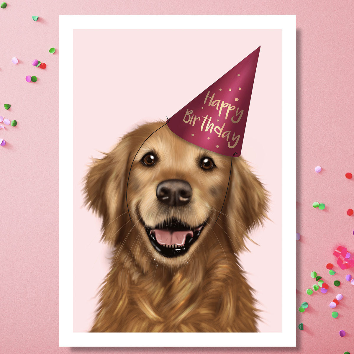 Happy Golden Retriever wearing Pink Happy Birthday hat. Illustration by Kitty's Art.