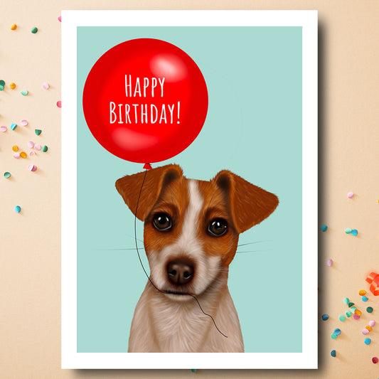 Birthday card with Jack Russell holding a red balloon