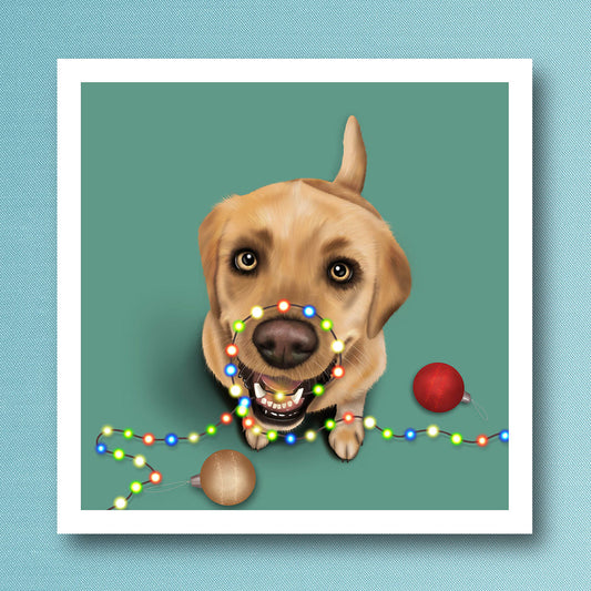 Yellow Labrador holding Christmas tree lights in his mouth. Christmas card illustrated by kitty's Art.