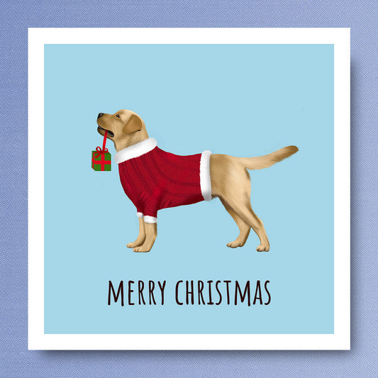 Labrador in Christmas jumper holding gift in mouth. Christmas Card illustrated by Oundle, Peterborough Artist Kitty's Art