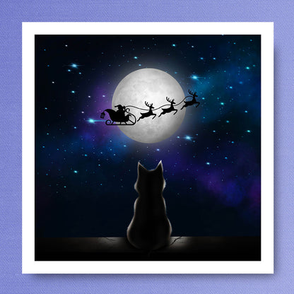 Cat looking out at the night sky Christmas card by Oundle Artist Kitty's Art