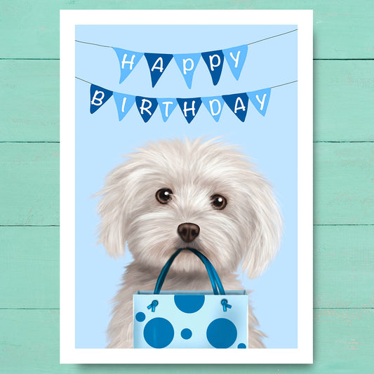 Birthday card featuring a Maltese dog breed holding a gift bag in mouth