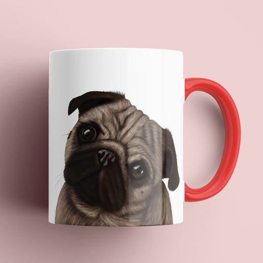 Cute Pug mug illustration by Kitty's Art with a colour pop handle and inner.