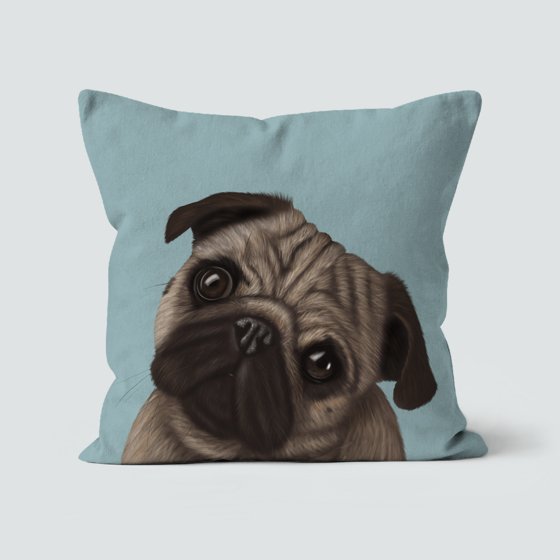 Adorable Pug illustration on blue cushion