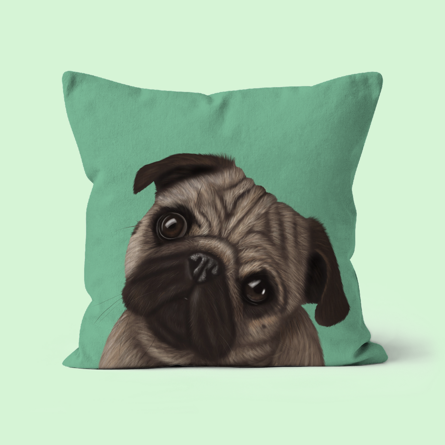 Adorable Pug illustration on turquoise cushion