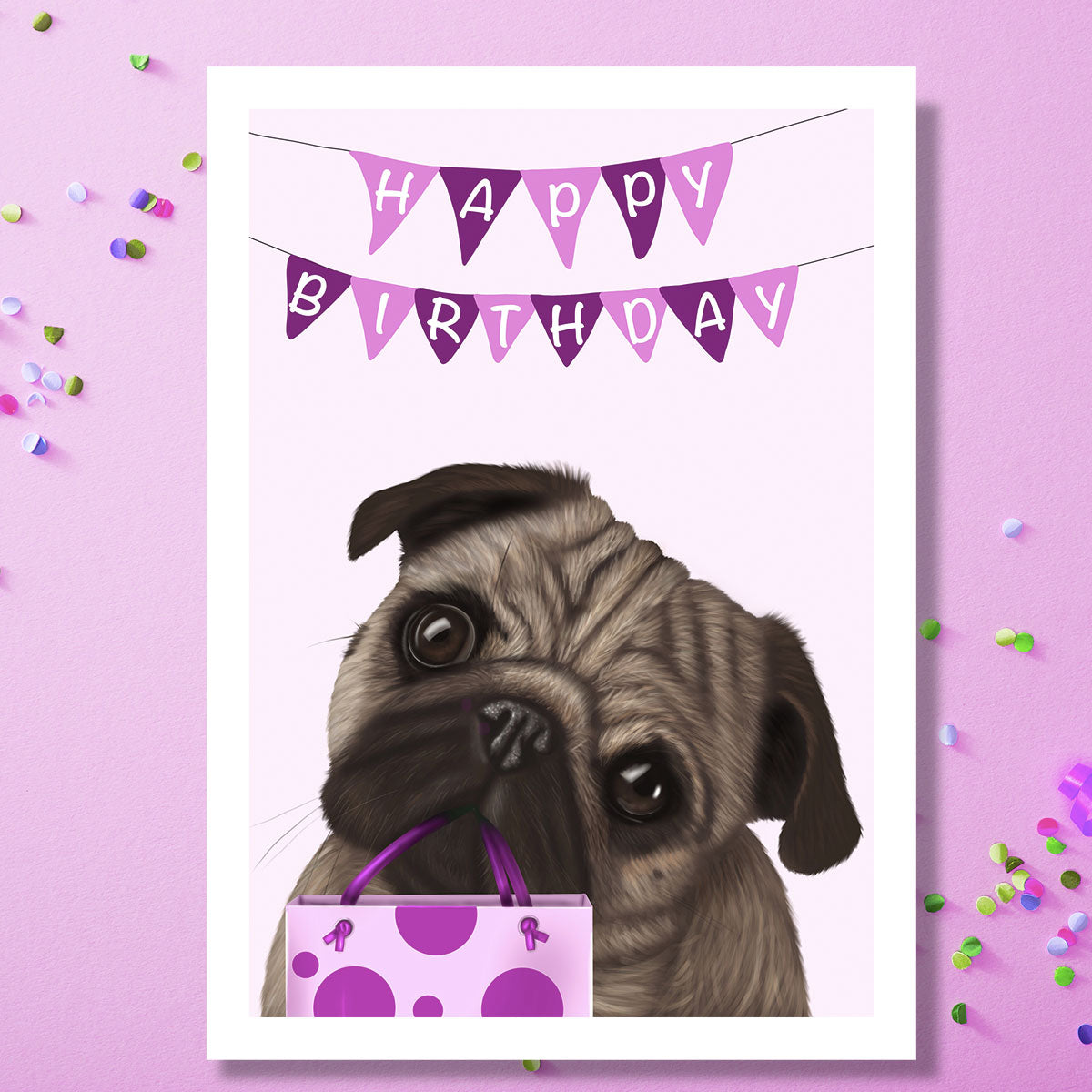 Adorable Pug holding gift bag birthday card by Kitty's Art