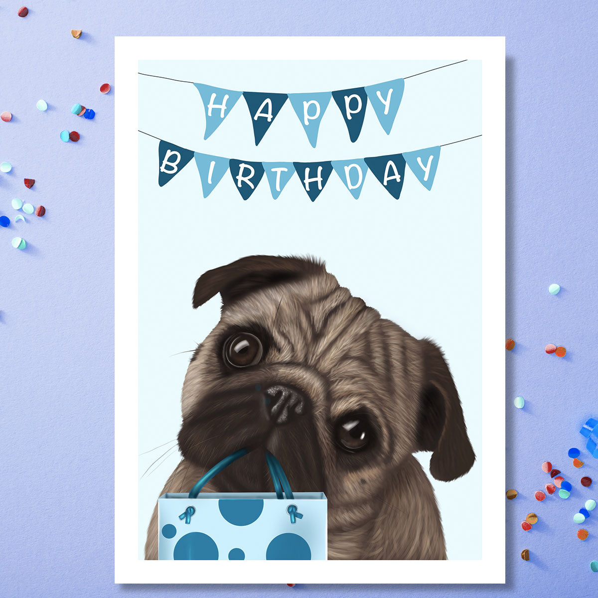 Adorable Pug holding gift bag birthday card by Kitty's Art