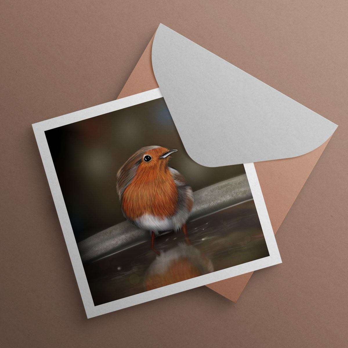 Beautifully Painted Robin in bird bath Christmas card.