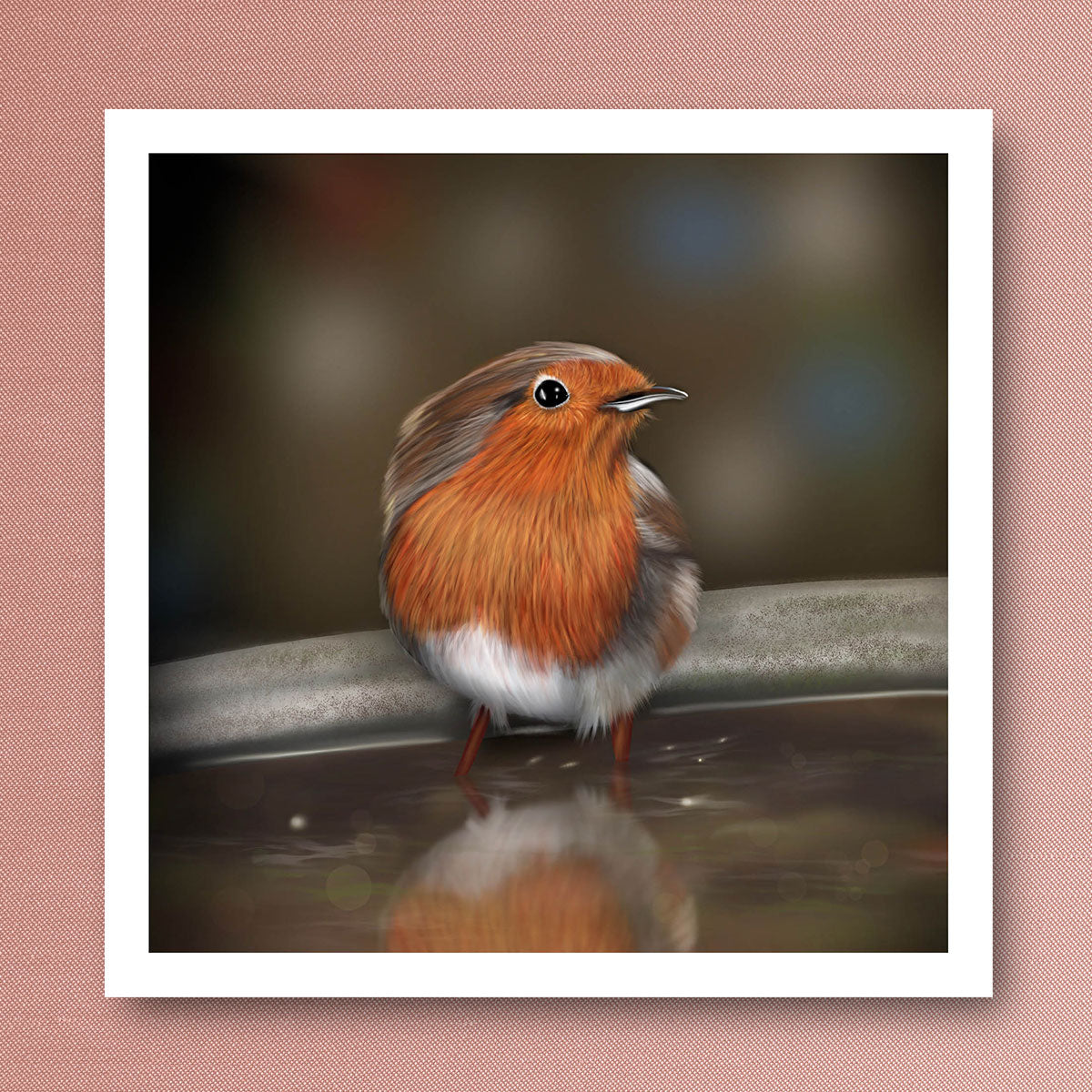 Beautifully Painted Robin in bird bath Christmas card.