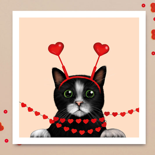 Black and White Cat Wrapped in Hearts Card