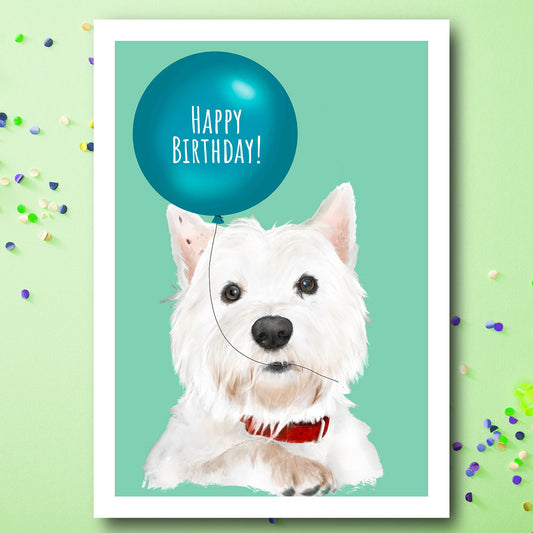 Birthday Card with West Highland Terrier holding balloon